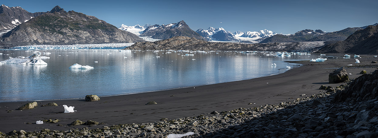 Beautiful beach overlooking the ice wall of Columbia Glacier in Prince William Sound