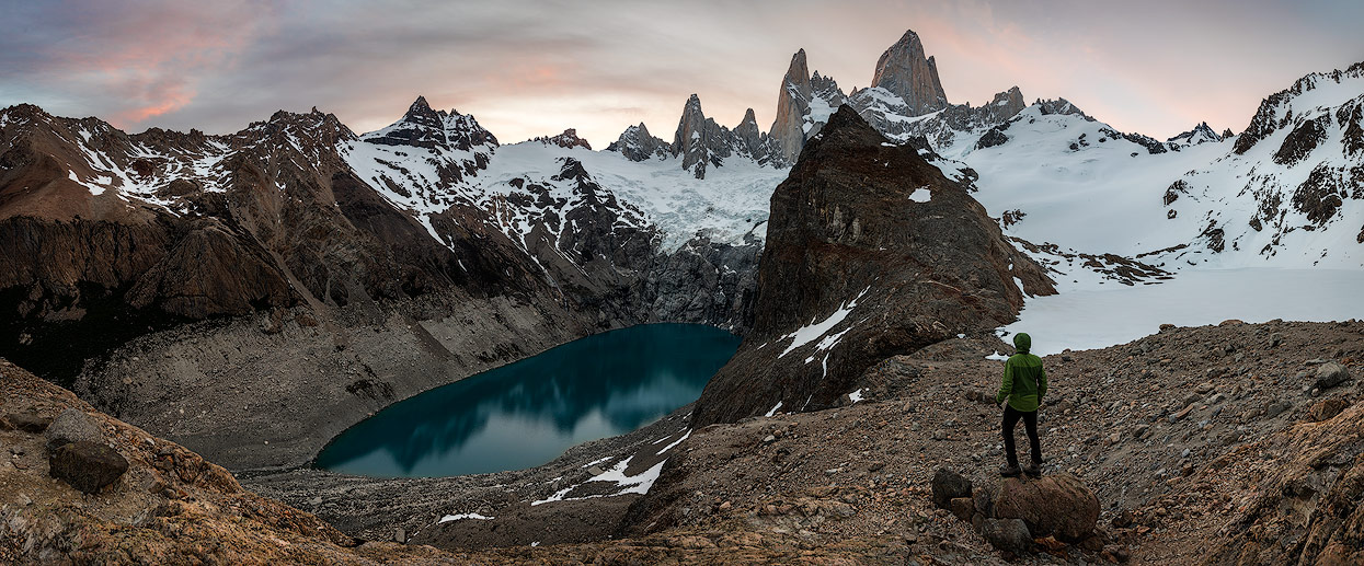 Panorama of Laguna Sucia, Mount Fitz Roy and Laguna de los Tres (covered by snow)